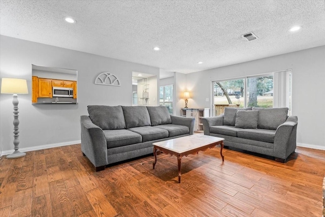 living room featuring wood-type flooring and a textured ceiling