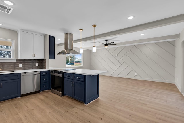 kitchen with black range with electric cooktop, island range hood, light countertops, hanging light fixtures, and dishwasher