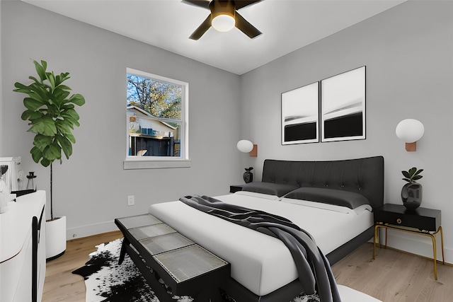 bedroom featuring light wood-type flooring, ceiling fan, and baseboards