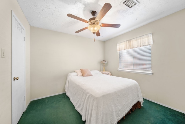 bedroom featuring ceiling fan, a textured ceiling, and dark colored carpet