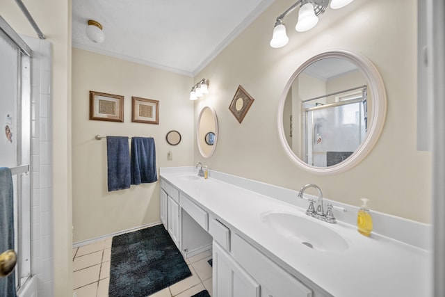 bathroom with tile patterned flooring, an enclosed shower, vanity, and ornamental molding