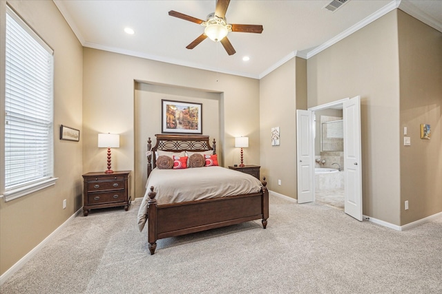 carpeted bedroom featuring crown molding, ceiling fan, and connected bathroom