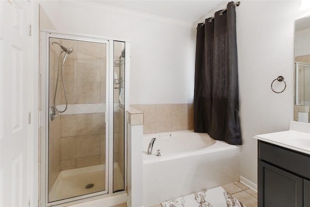 bathroom with vanity, tile patterned flooring, crown molding, and separate shower and tub