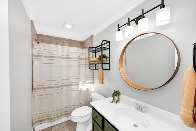 bathroom with tile patterned flooring, vanity, ornamental molding, curtained shower, and toilet