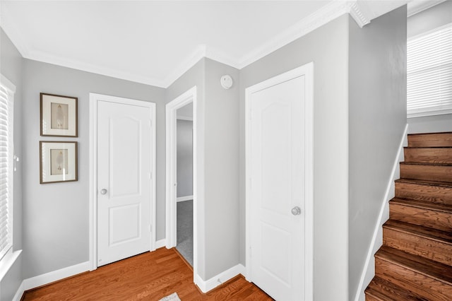 stairs with wood-type flooring and crown molding