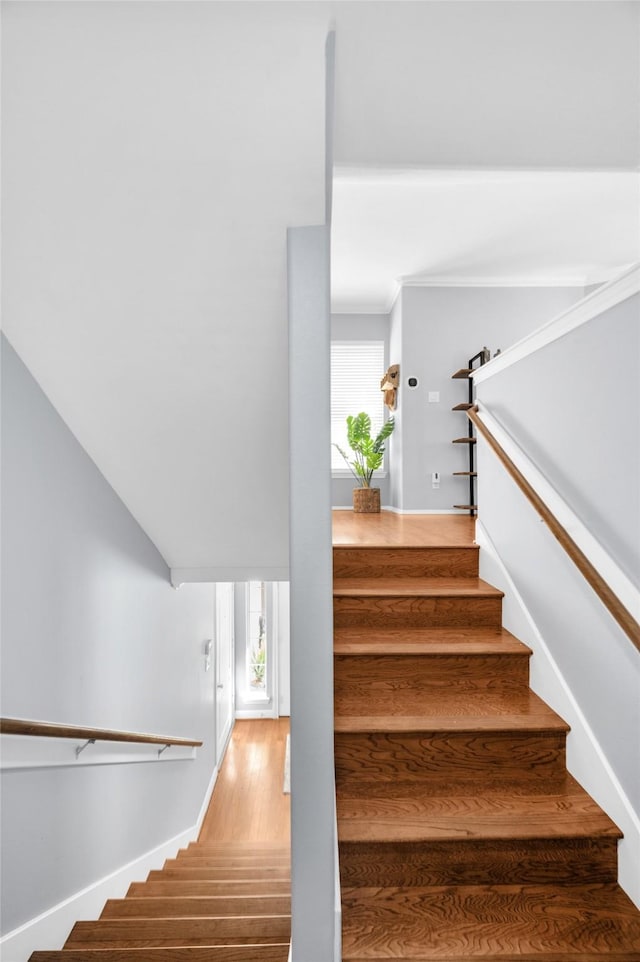 stairway featuring wood-type flooring, ornamental molding, and a wealth of natural light