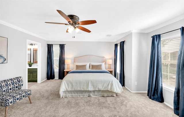 carpeted bedroom featuring multiple windows, connected bathroom, crown molding, and ceiling fan