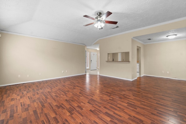 unfurnished living room with dark hardwood / wood-style flooring, a textured ceiling, crown molding, and ceiling fan