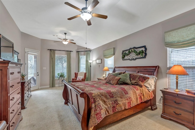 bedroom with ceiling fan, light colored carpet, lofted ceiling, and access to exterior