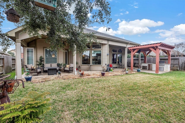 back of house with a yard, a pergola, outdoor lounge area, a patio area, and area for grilling