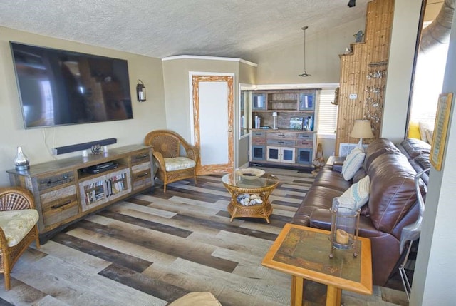 living room with lofted ceiling, hardwood / wood-style floors, and a textured ceiling