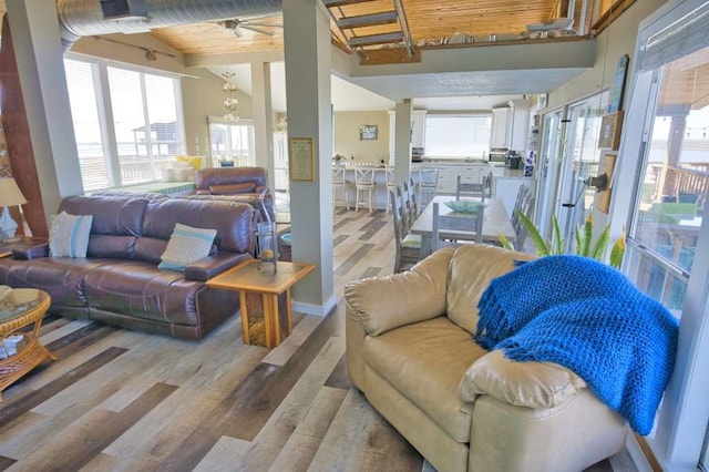 living room with high vaulted ceiling, wood-type flooring, and wooden ceiling