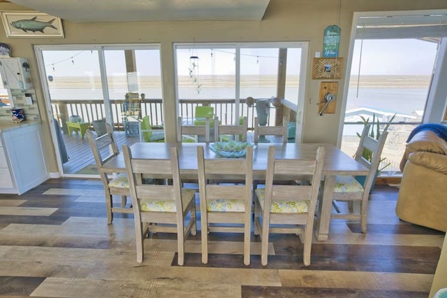 dining area with a water view and dark hardwood / wood-style floors