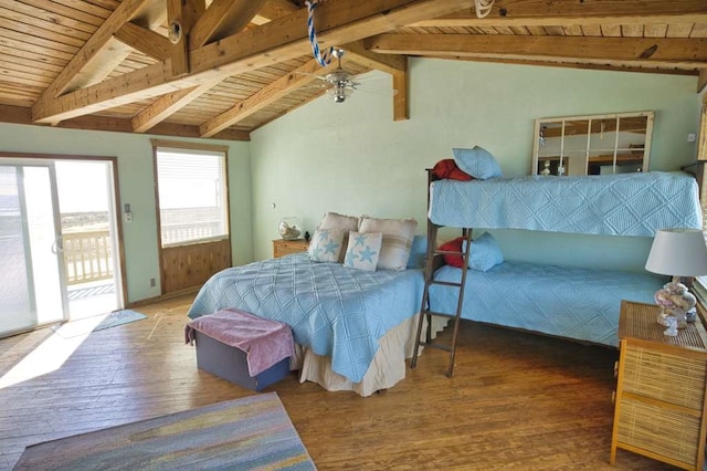 bedroom featuring lofted ceiling with beams, access to outside, and wood ceiling