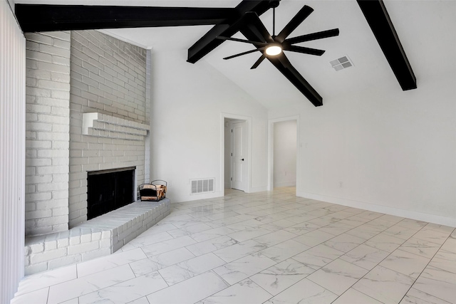 unfurnished living room with beamed ceiling, ceiling fan, high vaulted ceiling, and a brick fireplace