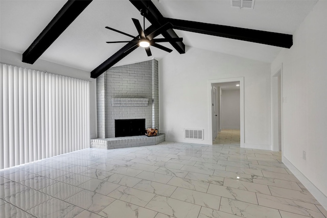 unfurnished living room featuring ceiling fan, a brick fireplace, and vaulted ceiling with beams