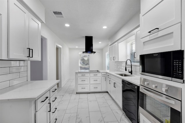 kitchen with white cabinetry, sink, backsplash, island exhaust hood, and black appliances