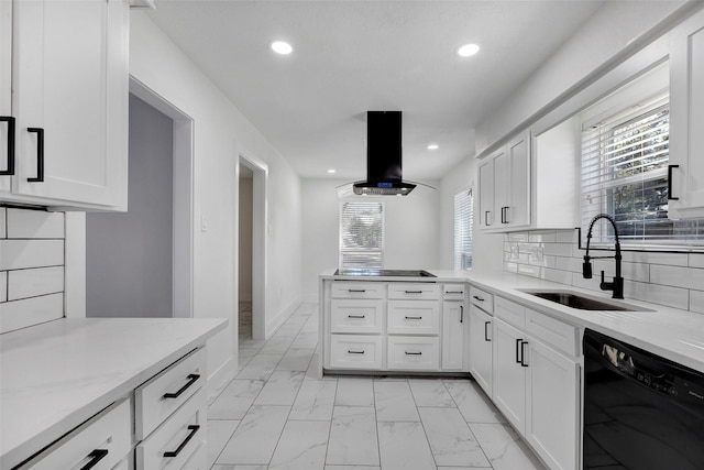 kitchen featuring island range hood, tasteful backsplash, sink, white cabinets, and black appliances