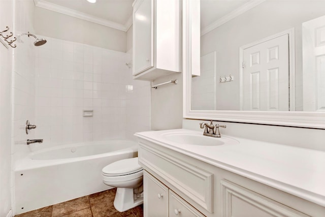 full bathroom featuring crown molding,  shower combination, tile patterned flooring, vanity, and toilet