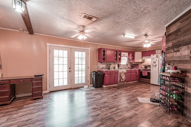 kitchen featuring french doors, stainless steel range with electric cooktop, dark hardwood / wood-style flooring, dishwasher, and white refrigerator with ice dispenser