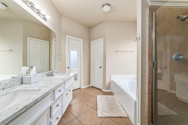 bathroom featuring vanity, separate shower and tub, and tile patterned flooring