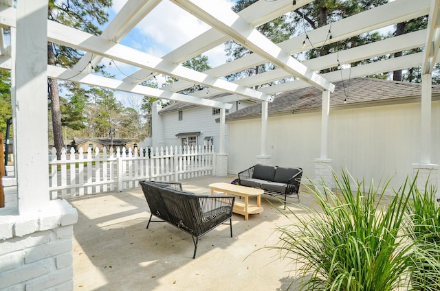 view of patio / terrace featuring an outdoor living space and a pergola