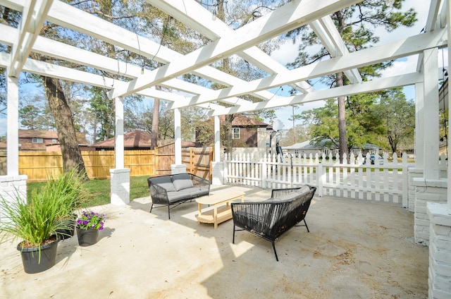 view of patio / terrace with a pergola and outdoor lounge area