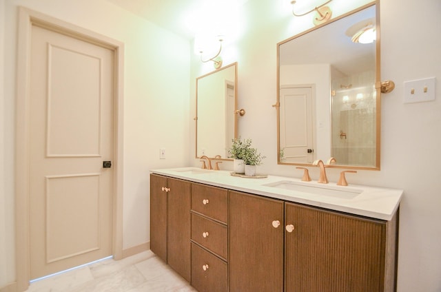 bathroom featuring vanity and an enclosed shower