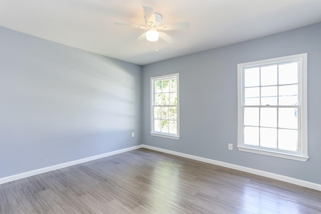 empty room with wood-type flooring and ceiling fan