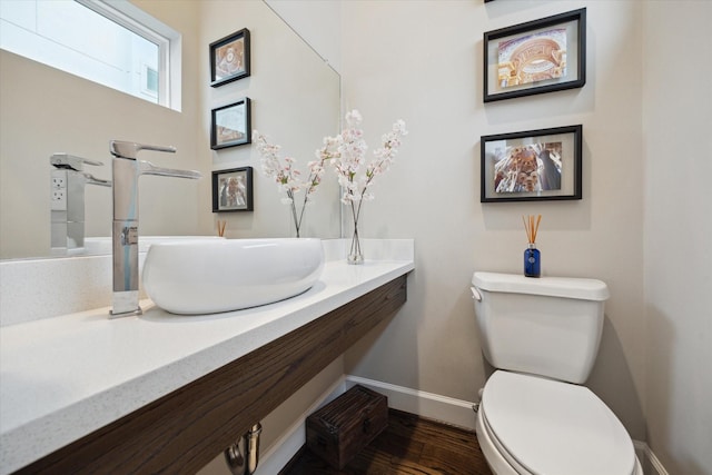 bathroom with toilet, sink, and hardwood / wood-style floors