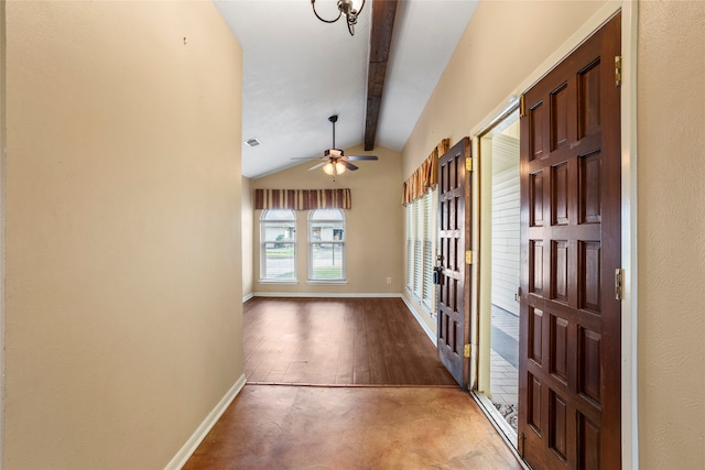 interior space with ceiling fan, vaulted ceiling with beams, and light wood-type flooring