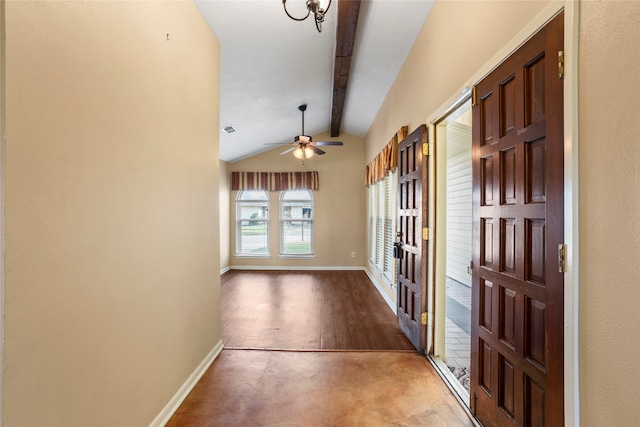 4706 Jefferson St, Deer Park, TX 77536 - entryway with lofted ceiling with beams, ceiling fan, french doors, baseboards, and visible vents
