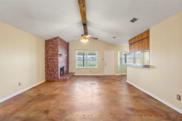 4706 Jefferson St, Deer Park, TX 77536 - unfurnished living room with visible vents, baseboards, concrete flooring, ceiling fan, and a fireplace