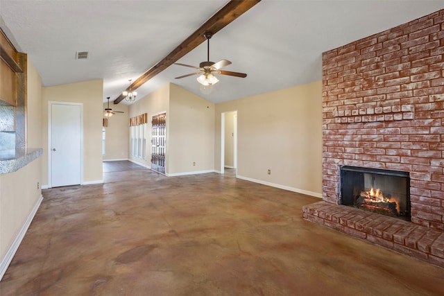 unfurnished living room with lofted ceiling with beams, ceiling fan, and a fireplace