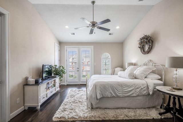 bedroom with dark wood-type flooring, ceiling fan, lofted ceiling, and access to exterior