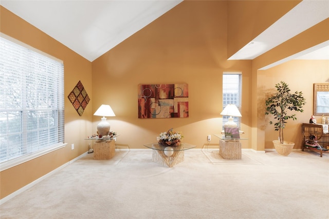 sitting room featuring carpet and high vaulted ceiling