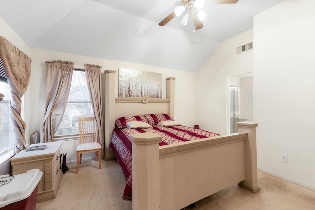 carpeted bedroom featuring lofted ceiling and ceiling fan