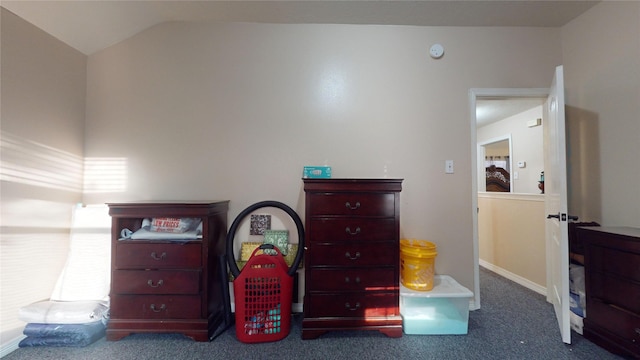 carpeted bedroom with lofted ceiling