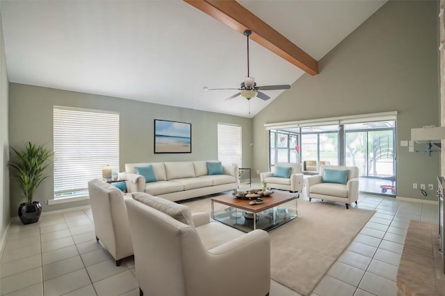 tiled living room featuring a healthy amount of sunlight, ceiling fan, high vaulted ceiling, and beamed ceiling