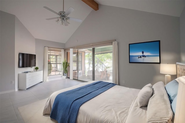 bedroom featuring light tile patterned floors, ceiling fan, beam ceiling, high vaulted ceiling, and access to outside