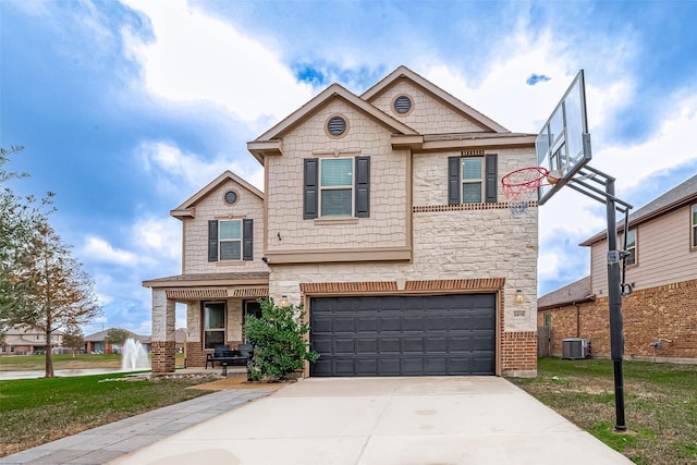 view of front of house featuring a garage, brick siding, driveway, and central air condition unit