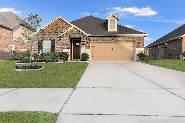 view of front facade with brick siding, concrete driveway, and a front lawn