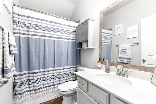 bathroom featuring curtained shower, toilet, wood finished floors, and vanity