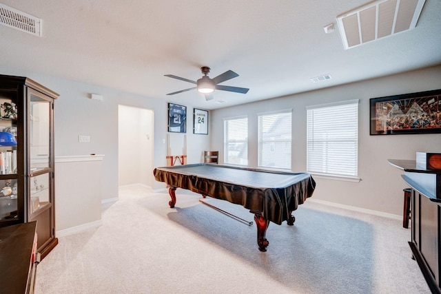 rec room with light carpet, pool table, and ceiling fan