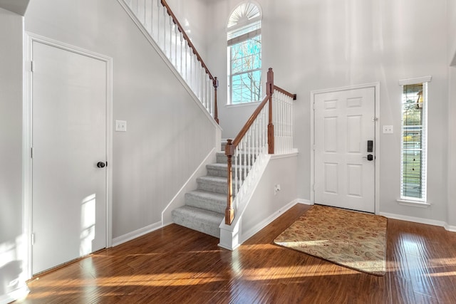 foyer featuring dark wood-type flooring and a towering ceiling