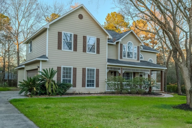 view of front facade featuring covered porch, a front lawn, and a garage