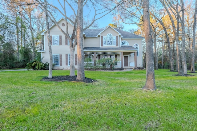 view of front of house featuring covered porch and a front lawn