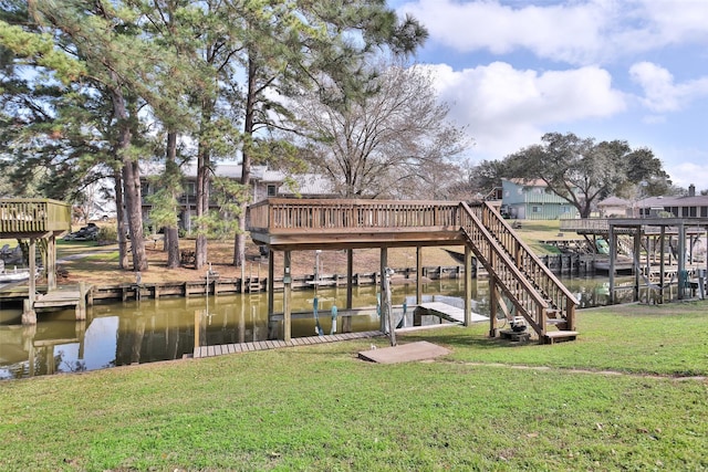 view of dock featuring a water view and a lawn