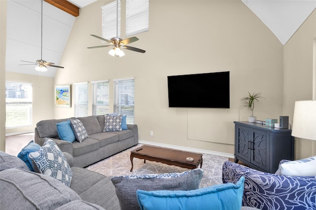 living room featuring beamed ceiling, ceiling fan, and high vaulted ceiling