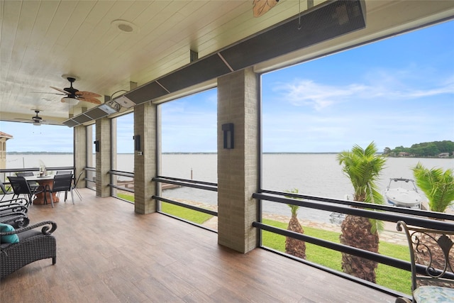 sunroom with a water view, ceiling fan, and wooden ceiling